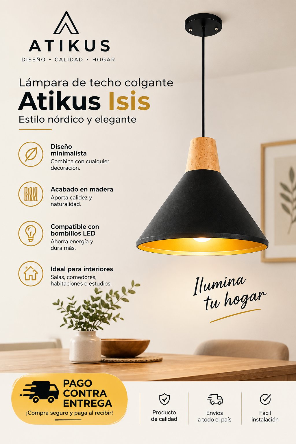 Lampara De Techo Isis Madera Atikus Luz