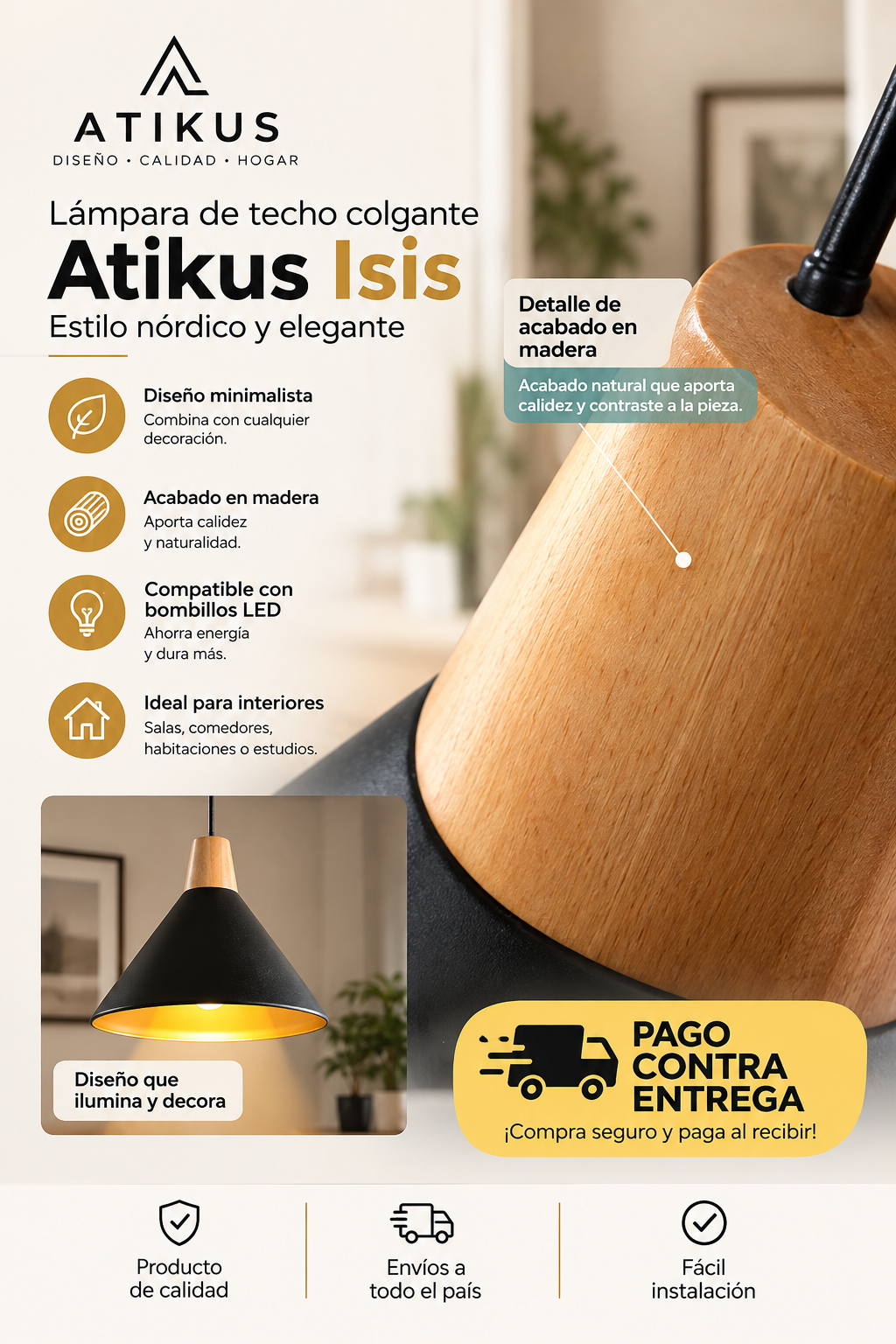 Lampara De Techo Isis Madera Atikus Luz