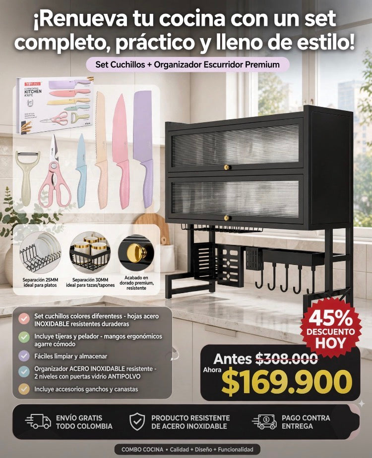 Escurridor doble tapa + set cuchillos