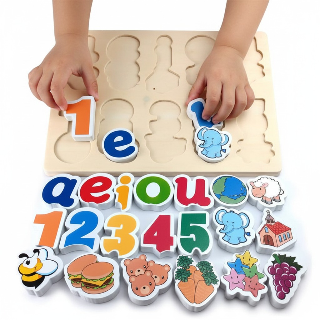 Manos de niño encajando piezas en tabla didáctica